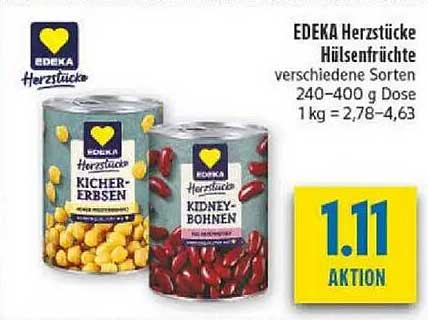 EDEKA Herzstücke Hülsenfrüchte verschiedene Sorten 240–400 g Dose 1 kg = 2,78–4,63
