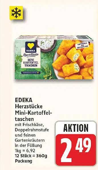 EDEKA Herzstücke Mini-Kartoffeltaschen mit Frischkäse, Doppelrahmstufe und feinen Gartenkräutern in der Füllung 1kg = 6,92 12 Stück = 360g Packung