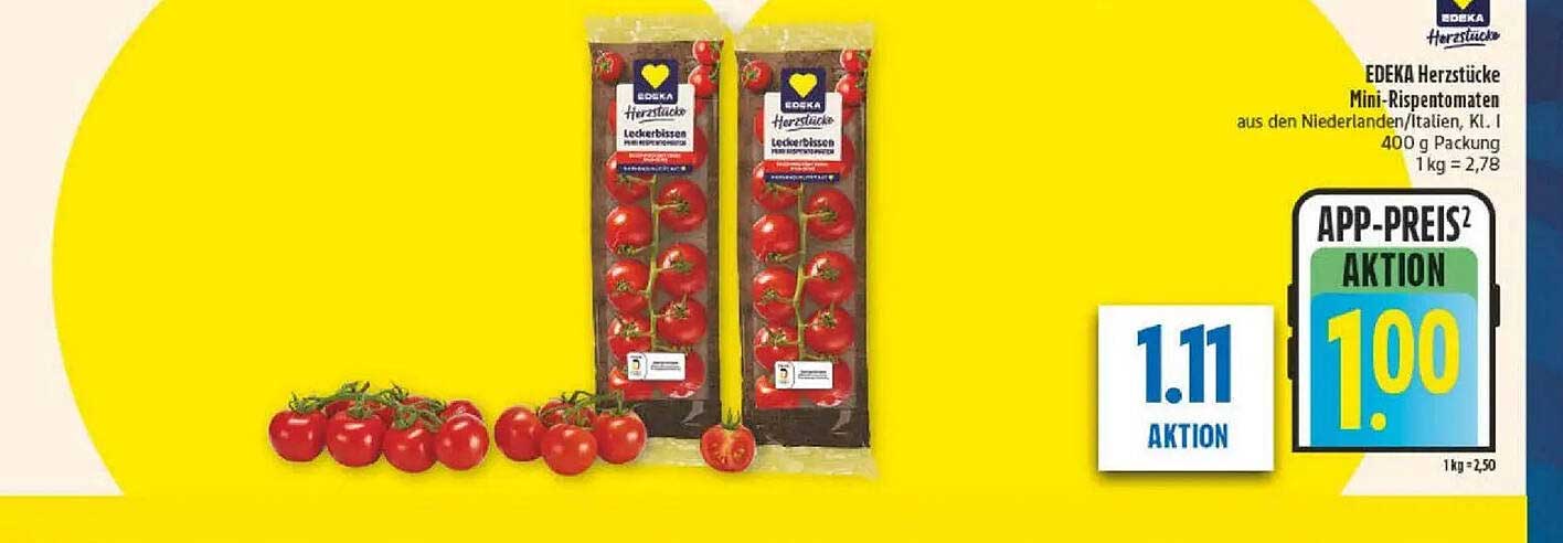EDEKA Herzstücke Mini-Rispentomaten aus den Niederlanden/Italien, Kl. I 400 g Packung 1 kg = 2,78