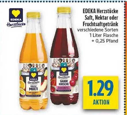 EDEKA Herzstücke Saft, Nektar oder Fruchtsaftgetränk verschiedene Sorten 1 Liter Flasche + 0,25 Pfand