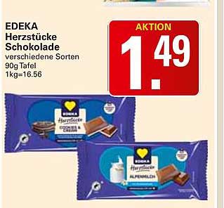EDEKA Herzstücke Schokolade verschiedene Sorten 90g Tafel 1kg=16.56