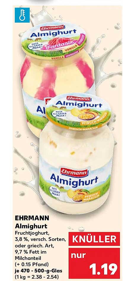 EHRMANN Almighurt Fruchtjoghurt, 3,8 %, versch. Sorten, oder griech. Art, 9,7 % Fett im Milchanteil (+ 0,15 Pfand) je 470 - 500-g-Glas (1 kg = 2.38 - 2.54)