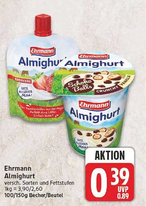 Ehrmann Almighurt versch. Sorten und Fettstufen 1kg = 3,90/2,60 100/150g Becher/Beutel