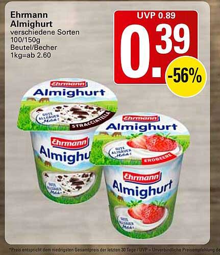 Ehrmann Almighurt verschiedene Sorten 100/150g Beutel/Becher 1kg=ab 2.60
