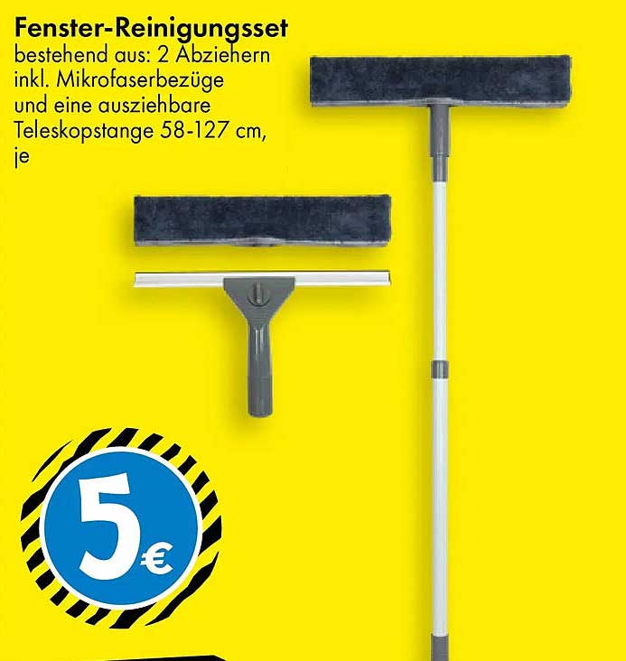 Fenster-Reinigungsset bestehend aus: 2 Abziehern inkl. Mikrofasbezüge und eine ausziehbare Teleskopstange 58-127 cm, je