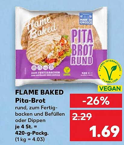 FLAME BAKED Pita-Brot rund, zum Fertigbacken und Befüllen oder Dippen je 4 St. = 420-g-Packg. (1 kg = 4.03)