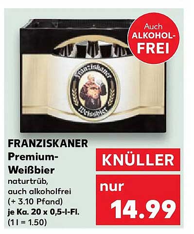 FRANZISKANER Premium-Weißbier naturtrüb, auch alkoholfrei (+ 3.10 Pfand) je Ka. 20 x 0,5-l-Fl. (1l = 1.50)