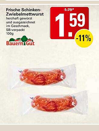 Frische Schinken-Zwiebelmettwurst herzhaft gewürzt und ausgezeichnet im Geschmack, SB-verpackt 100g