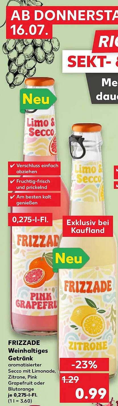 FRIZZADE Weinhaltiges Getränk aromatisierter Secco mit Limonade, Zitrone, Pink Grapefruit oder Blutorange je 0,275-l-Fl.