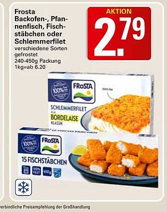 Frosta Backofen-, Pfannenfisch, Fischstäbchen oder Schlemmfilet verschiedene Sorten gefrostet 240-450g Packung 1kg=ab 6.20