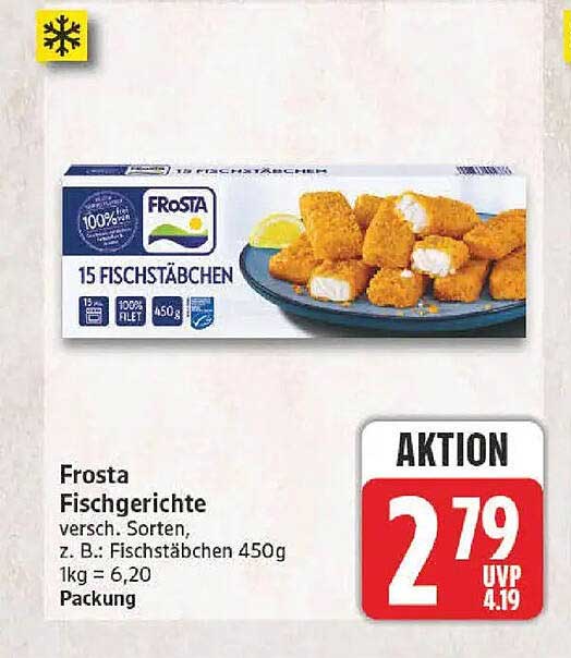 Frosta Fischgerichte versch. Sorten, z. B.: Fischstäbchen 450g 1kg = 6,20 Packung