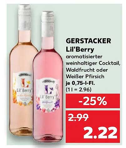 GERSTACKER Lil'Berry aromatisierter weinhaltiger Cocktail, Waldfrucht oder Weißer Pfirsich je 0,75-l-Fl. (1 l = 2.96)
