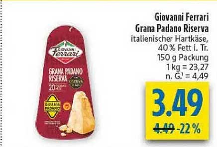 Giovanni Ferrari Grana Padano Riserva italienischer Hartkäse, 40% Fett i. Tr., 150 g Packung