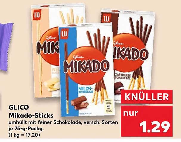 GLICO Mikado-Sticks umhüllt mit feiner Schokolade, versch. Sorten je 75-g-Pack. (1 kg = 17.20)