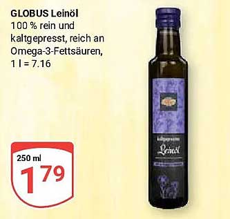 GLOBUS Leinöl 100 % rein und kaltgepresst, reich an Omega-3-Fettsäuren, 1 l = 7.16