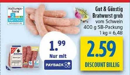 Gut & Günstig Bratwurst grob vom Schwein 400 g SB-Packung 1 kg = 6,48