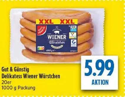Gut & Günstig Delikatess Wiener Würstchen 20er 1000 g Packung
