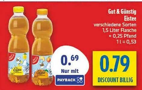Gut & Günstig Eistee verschiedene Sorten 1,5 Liter Flasche + 0,25 Pfand 1 l = 0,53
