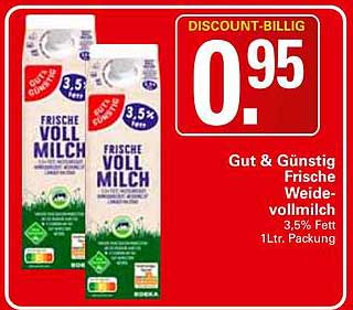Gut & Günstig Frische Weide-Vollmilch 3,5% 1Ltr. Packung