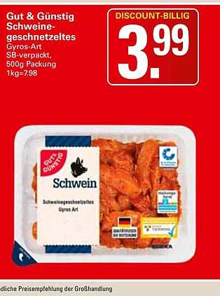 Gut & Günstig Schweine-geschnetzelts Gyros-Art SB-verpackt, 500g Packung 1kg=7.98