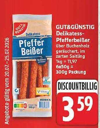 GUT&GÜNSTIG Delikatess-Pfefferbeißer über Buchenholz geräuchert, im zarten Saitling 1kg = 11,97 6x50g = 300g Packung