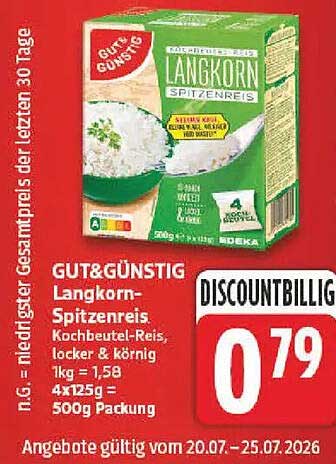 GUT&GÜNSTIG Langkorn-Spitzenreis Kochbeutel-Reis, locker & körnig 1kg = 1,58 4x125g = 500g Packung