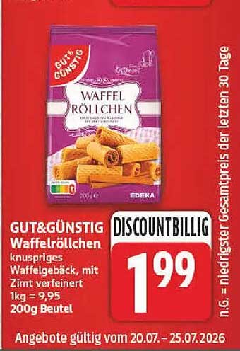 GUT&GÜNSTIG Waffelröllchen knuspriges Waffelgebäck mit Zimt verfeinert 1kg = 9,95 200g Beutel