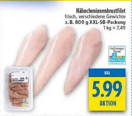 Hähncheninnenbrustfilet frisch, verschiedene Gewichte z. B. 800 g XXL-SB-Packung 1 kg = 7,49