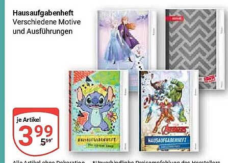 Hausaufgabenheft Verschiedene Motive und Ausführungen