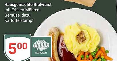 Hausgemachte Bratwurst mit Erbsen-Möhren-Gemüse, dazu Kartoffelstampf