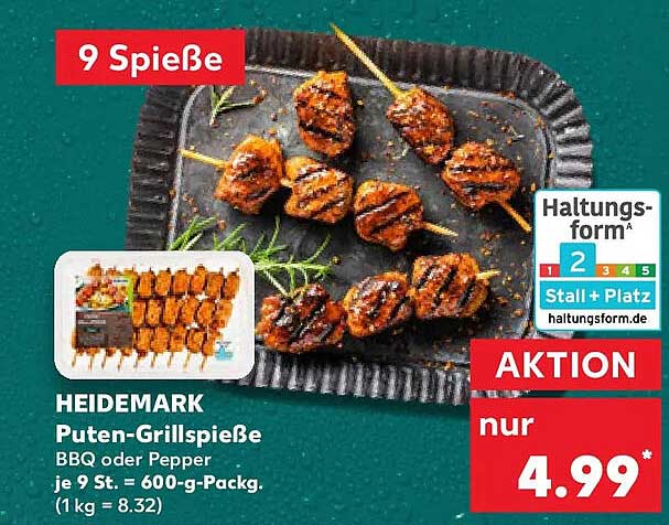 HEIDEMARK Puten-Grillspieße BBQ oder Pepper je 9 St. = 600-g-Packg. (1 kg = 8.32)