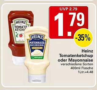 Heinz Tomatenketchup oder Mayonnaise verschiedene Sorten 400ml Flasche 1Ltr.=4.48