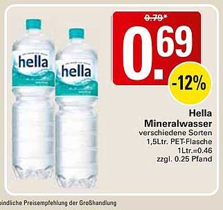 Hella Mineralwasser verschiedene Sorten 1,5Ltr. PET-Flasche 1Ltr.=0.46 zzgl. 0.25 Pfand