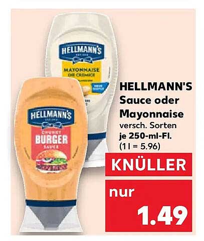 HELLMANN'S Sauce oder Mayonnaise versch. Sorten je 250-ml-Fl. (1 l = 5.96)
