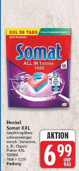 Henkel Somat XXL Geschirrspülmaschinenreiniger, versch. Varianten, z. B.: Classic Pulver XXL 150WA 1WA = 0,05 Packung