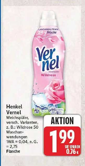 Henkel Vernel Weichspüler, versch. Varianten, z. B.: Wildrose 50 Waschanwendungen