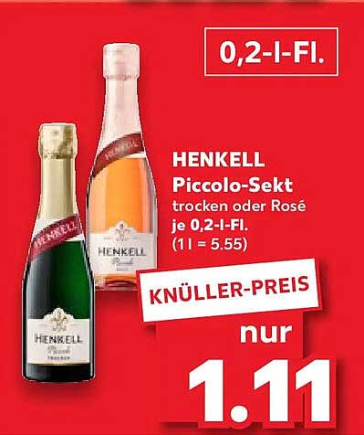 HENKELL Piccolo-Sekt trocken oder Rosé je 0,2-I-Fl. (1 l = 5.55)