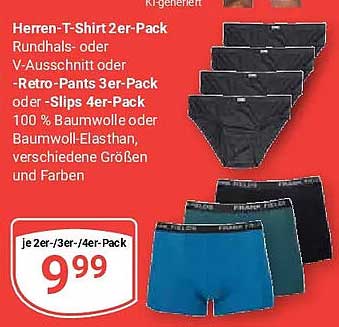 Herren-T-Shirt 2er-Pack Rundhals- oder V-Ausschnitt oder -Retro-Pants 3er-Pack oder -Slips 4er-Pack 100 % Baumwolle/Baumwoll-Elasthan, verschiedene Größen und Farben