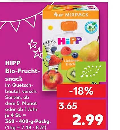 HIPP Bio-Fruchtsnack im Quetschbeutel, versch. Sorten, ab dem 5. Monat oder ab 1 Jahr je 4 St. = 360 - 400-g-Packg.
