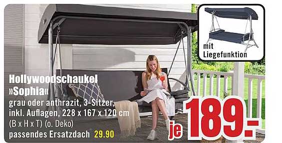 Hollywoodschaukel »Sophia« grau oder anthrazit, 3-Sitzer, inkl. Auflagen, 228 x 167 x 120 cm (B x H x T) (o. Deko) passendes Ersatzdach