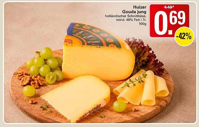 Huizer Gouda jung holländischer Schnittkäse, mind. 48% Fett i.Tr. 100g