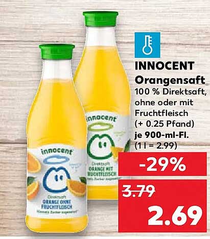 INNOCENT Orangensaft 100 % Direktsaft, ohne oder mit Fruchtfleisch (+ 0.25 Pfand) je 900-ml-Fl. (1 l = 2.99)