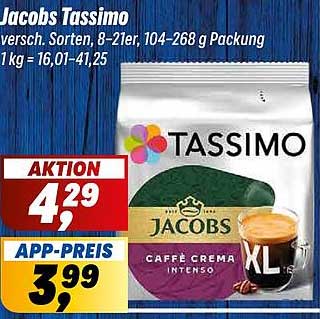 Jacobs Tassimo versch. Sorten, 8-21er, 104-268 g Packung 1 kg = 16,01-41,25