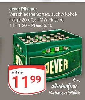 Jever Pilsener Verschiedene Sorten, auch Alkohol-frei, je 20 x 0,5-l-MW-Flasche, 1 l = 1.20 + Pfand 3.10