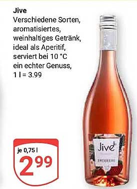 Jive Verschiedene Sorten, aromatisiertes weinhaltiges Getränk, ideal als Aperitif, serviert bei 10 °C ein echter Genuss, 1 l = 3.99
