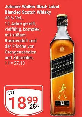 Johnnie Walker Black Label Blended Scotch Whisky 40 % Vol. 12 Jahre gereift, vielfältig, komplex, mit süßem Rosinenduft und der Frische von Orangenschalen und Röstnüssen. 1 l = 27.13