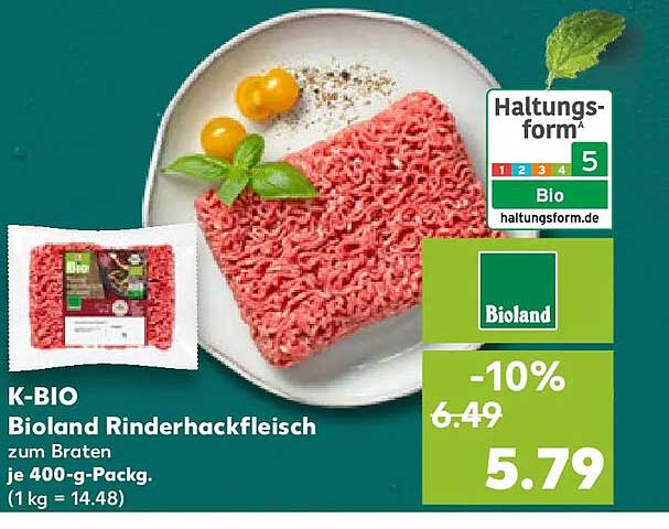 K-BIO Bioland Rinderhackfleisch zum Braten je 400-g-Packg. (1 kg = 14.48)