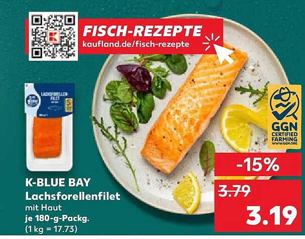 K-BLUE BAY Lachsforellenfilet mit Haut je 180-g-Packg. (1 kg = 17.73)