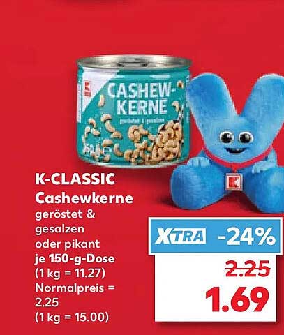 K-CLASSIC Cashewkerne geröstet & gesalzen oder pikant je 150-g-Dose