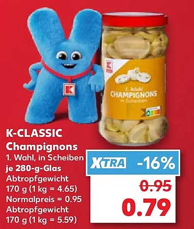 K-CLASSIC Champignons 1. Wahl, in Scheiben je 280-g-Glas